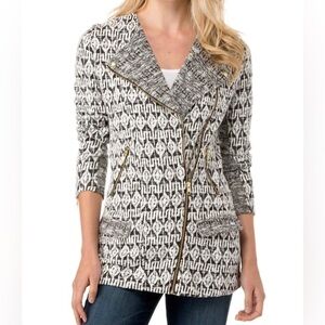 Lucky Brand Marled Moto Sweater Knit Jacket Asymetrical Zip Black White Large